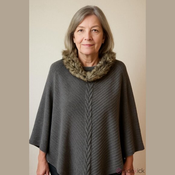 Talbots Faux Fur Cable Knit Poncho Gray Cowl Neck Triangular Hem Sweater, Sm/Med - Picture 1 of 8